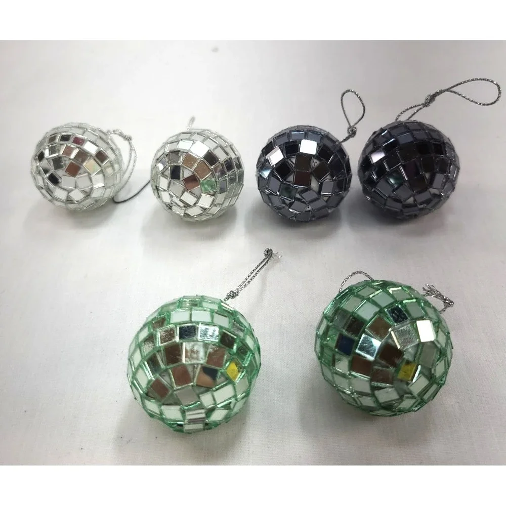 6 Mirror Ball Ornaments 2 Silver 2 Charcoal 2 Mint Green Christmas 1.5